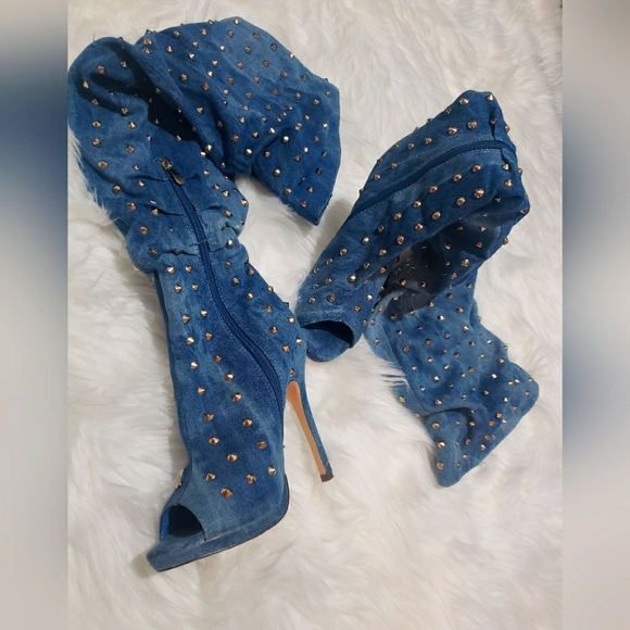 Liliana Studded Spike Denim Slouchy Over-The-Knee Boots Size 7.5 - Picture 5 of 5